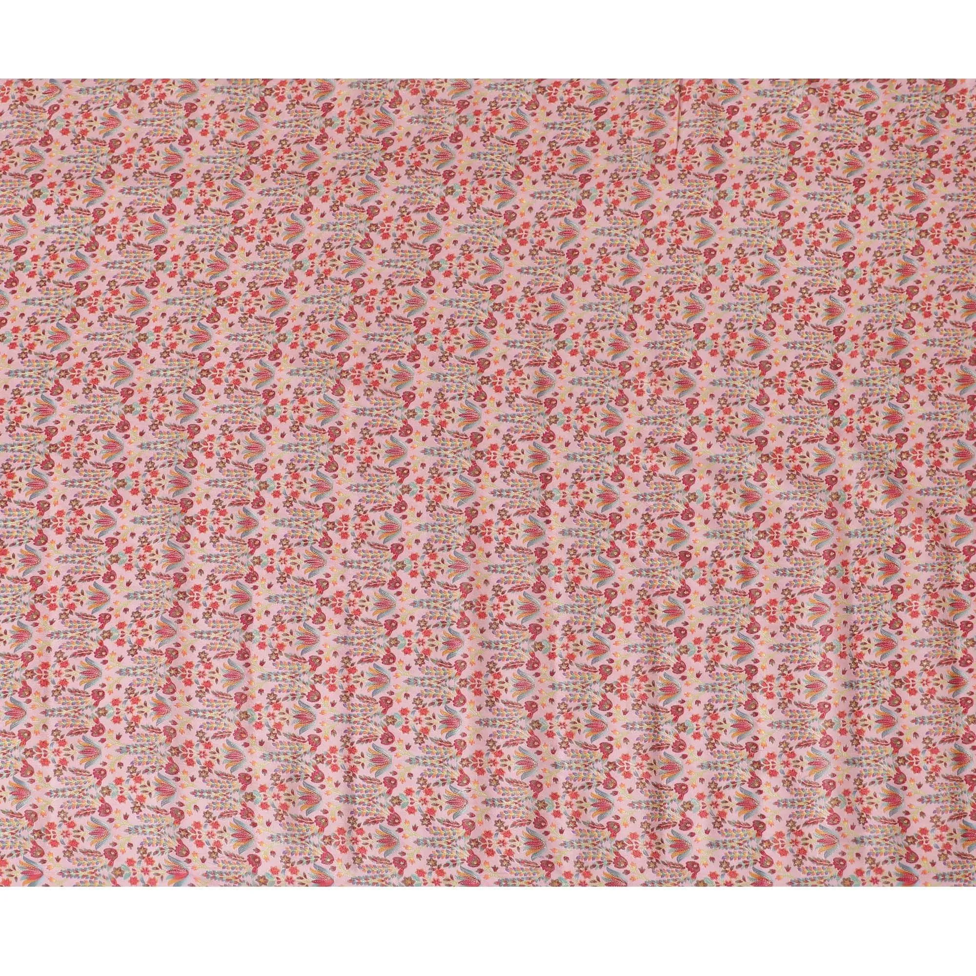 Light pink blended cotton silk fabric with multicolor embroidery in floral design-D15469