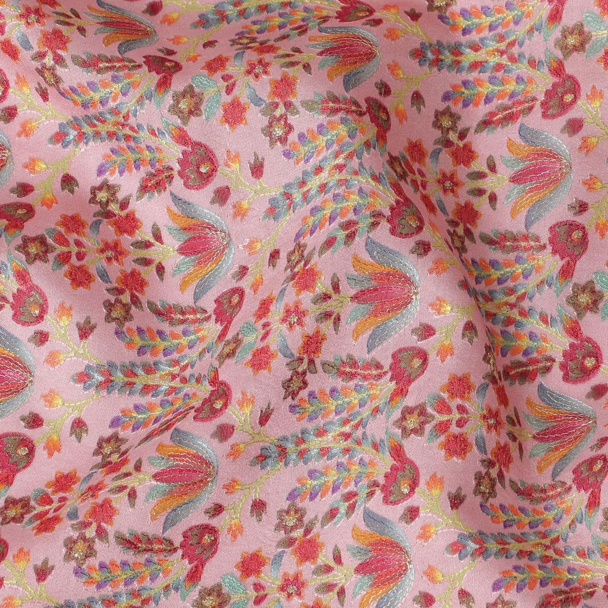 Light pink blended cotton silk fabric with multicolor embroidery in floral design-D15469