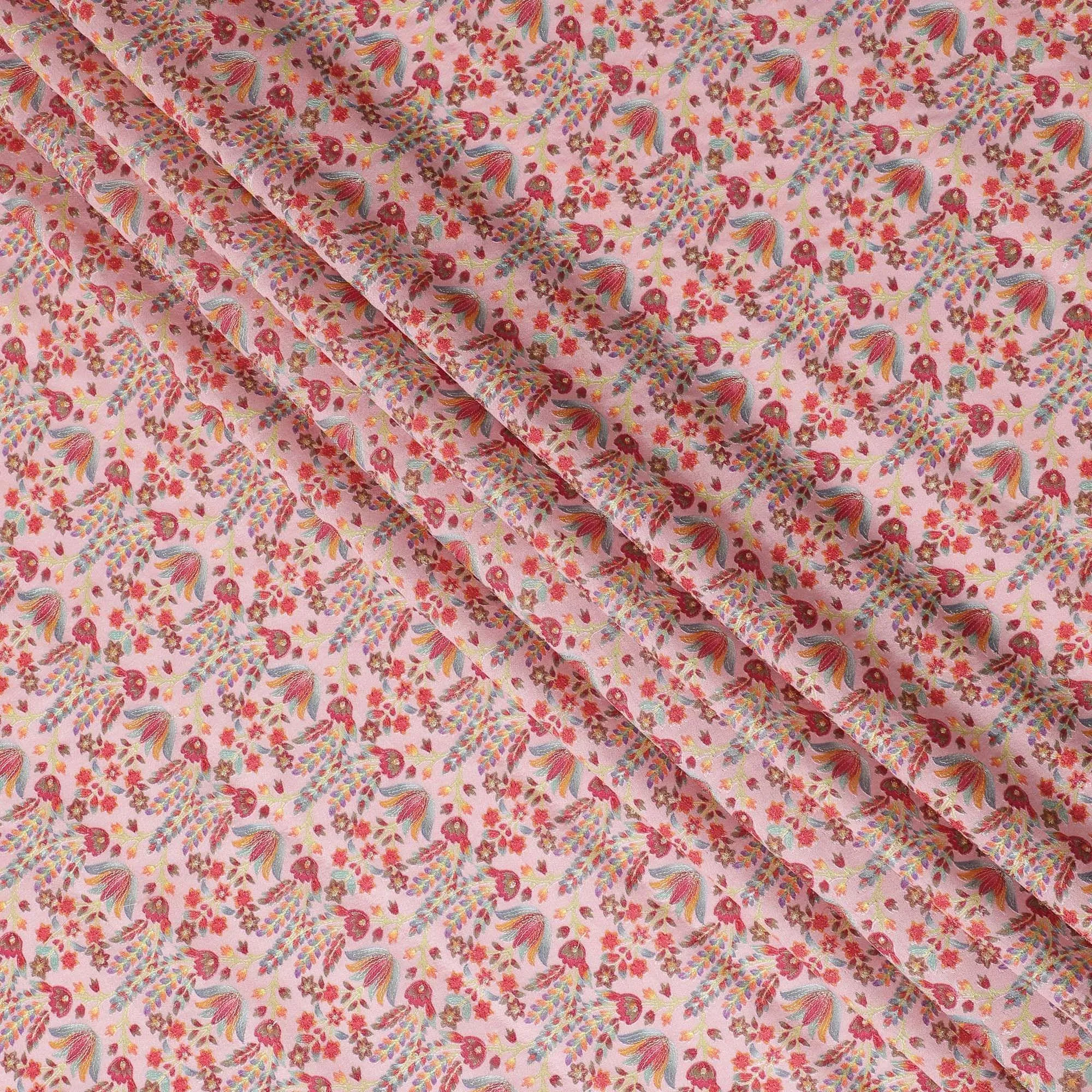 Light pink blended cotton silk fabric with multicolor embroidery in floral design-D15469
