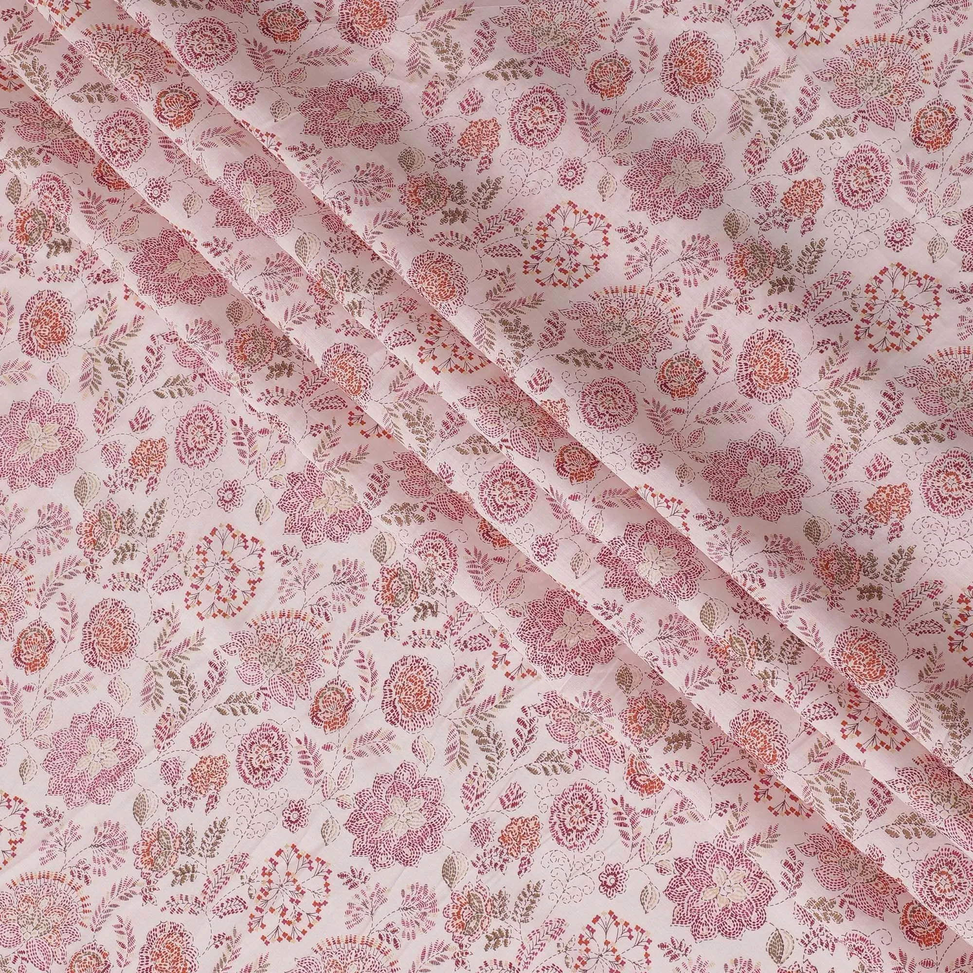 Light pink chanderi viscose fabric with magenta pink, olive green and peach print in floral design-D15434
