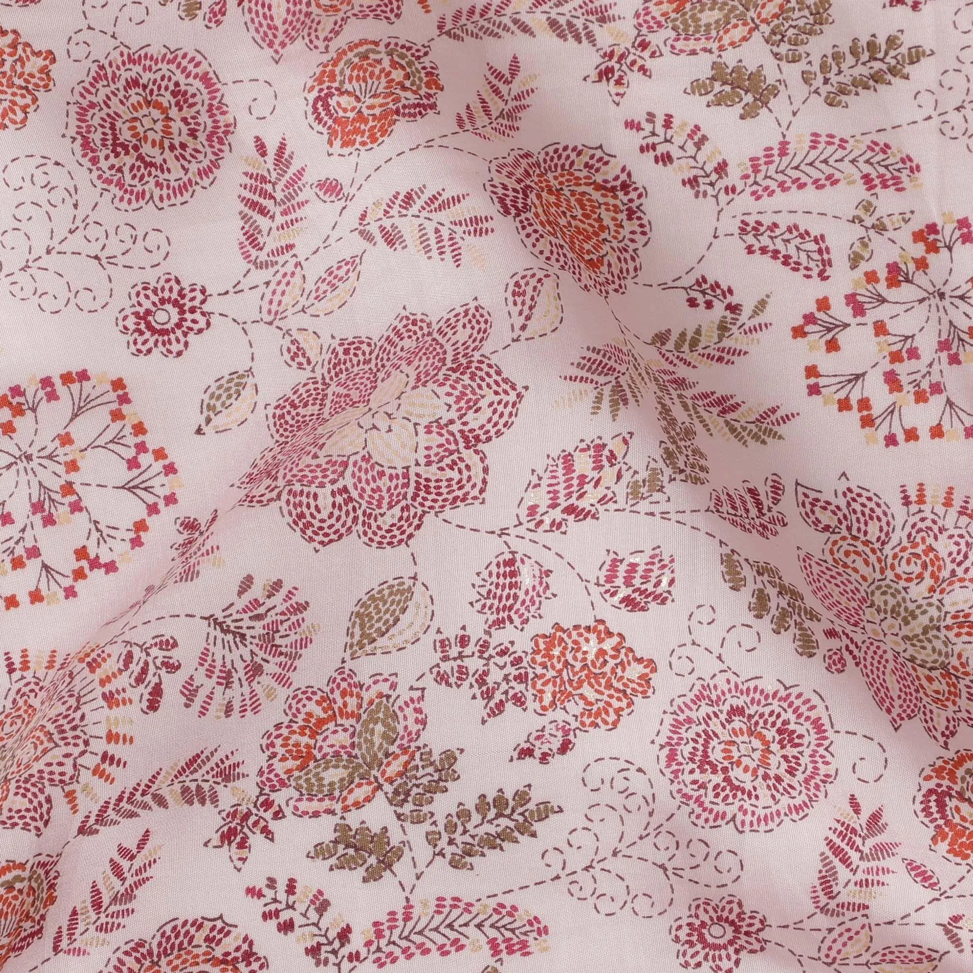 Light pink chanderi viscose fabric with magenta pink, olive green and peach print in floral design-D15434