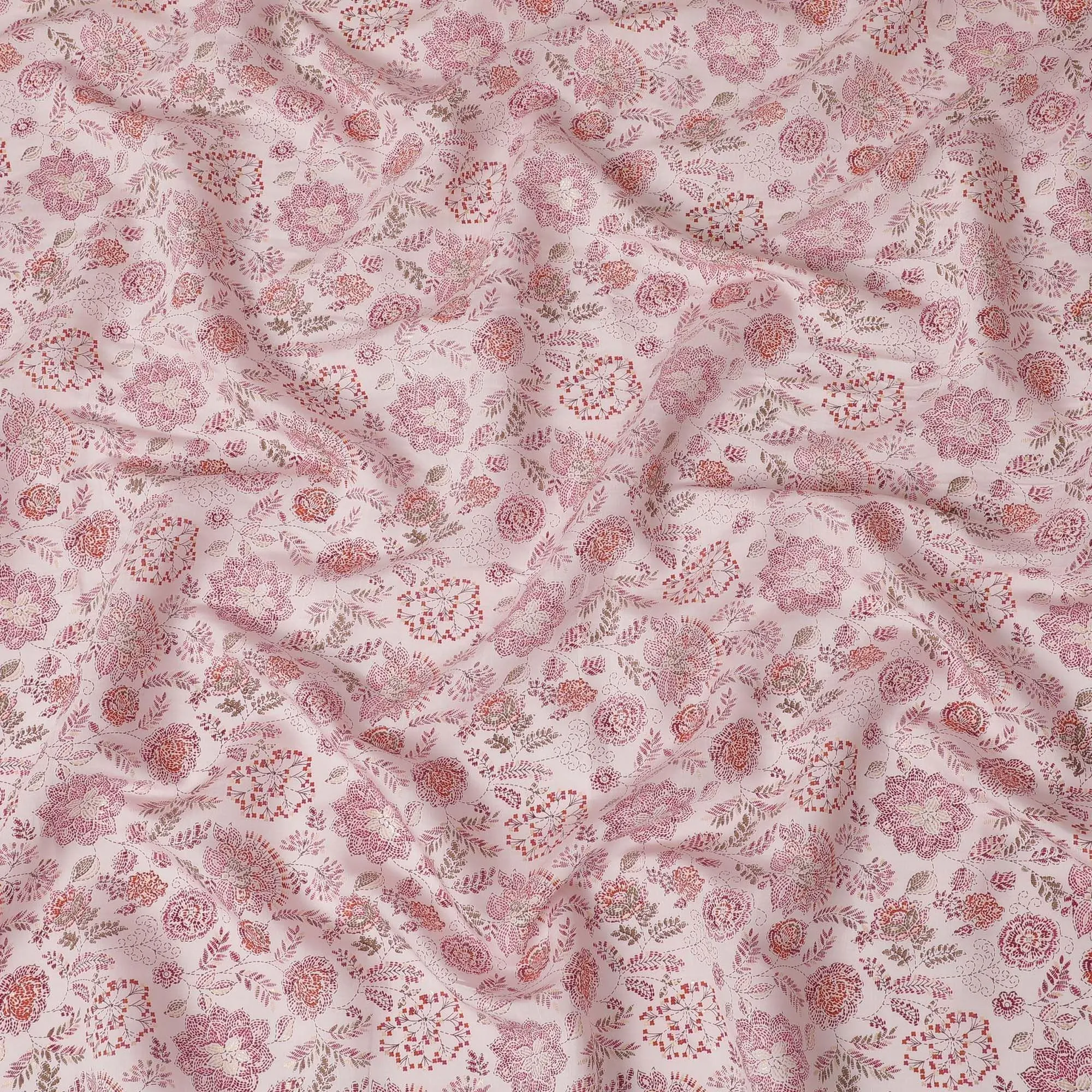 Light pink chanderi viscose fabric with magenta pink, olive green and peach print in floral design-D15434