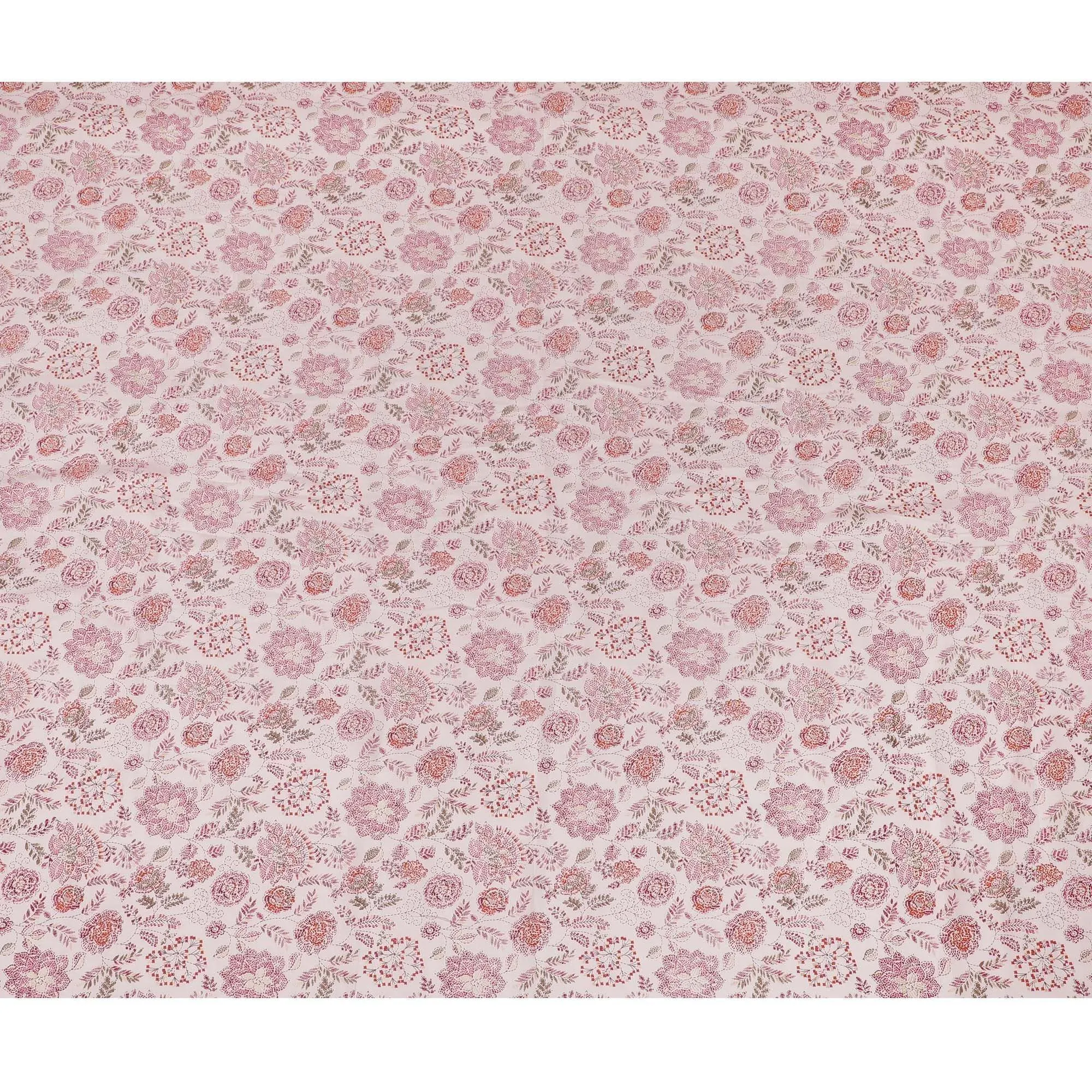 Light pink chanderi viscose fabric with magenta pink, olive green and peach print in floral design-D15434