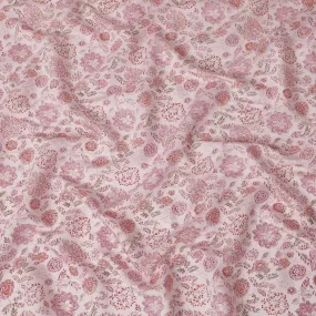 Light pink chanderi viscose fabric with magenta pink, olive green and peach print in floral design-D15434