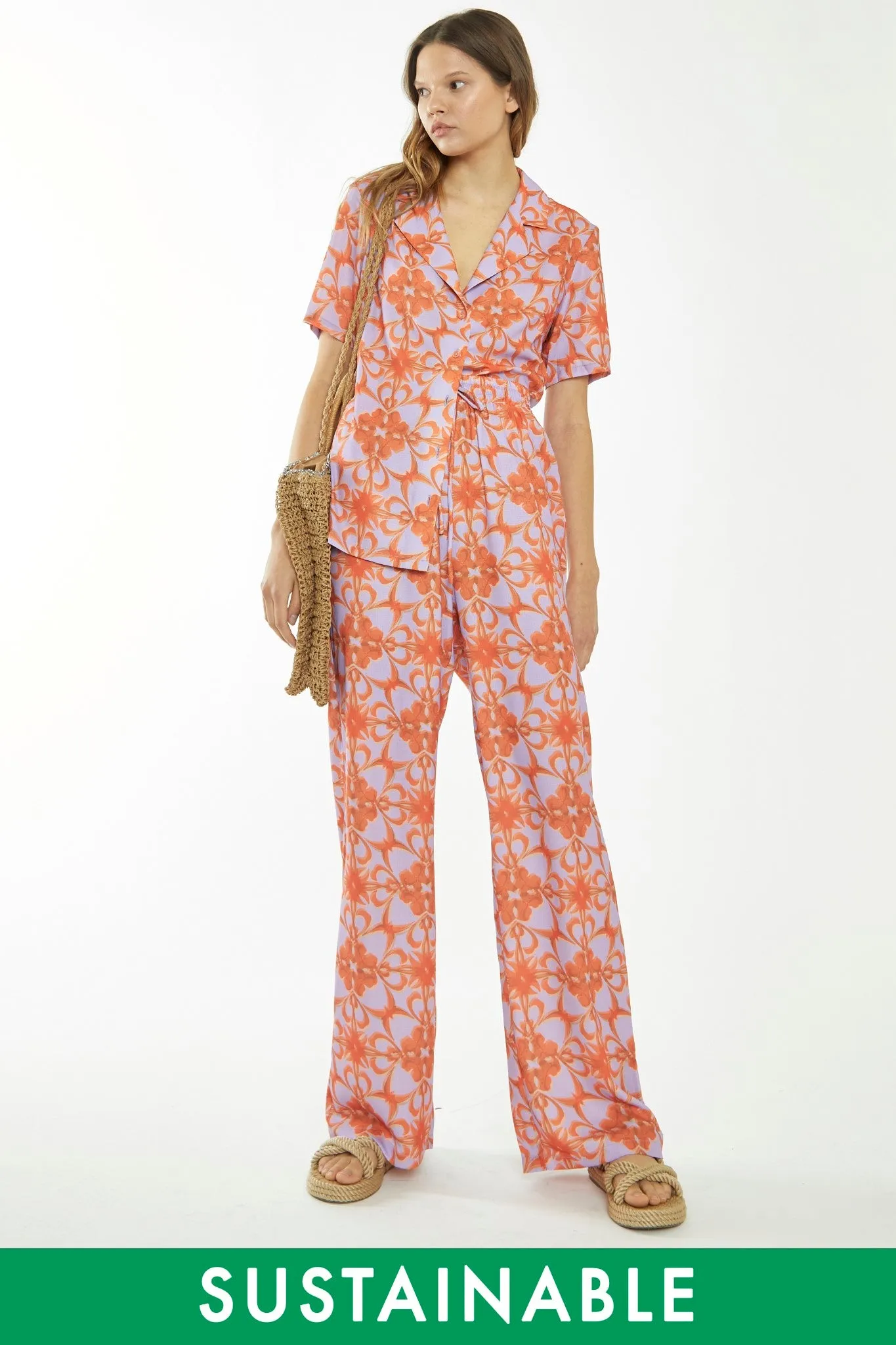 Lilac-Orange Tribal Print High-Waisted Trousers