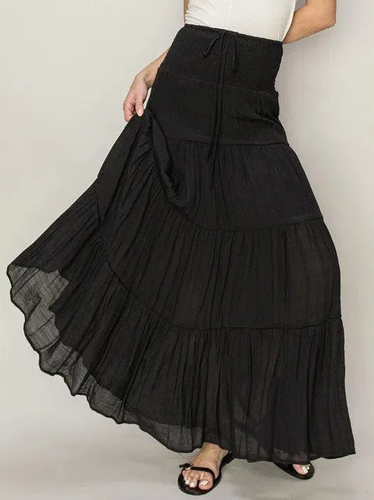 Living Boldly Drawstring Waist Tiered Maxi Skirt