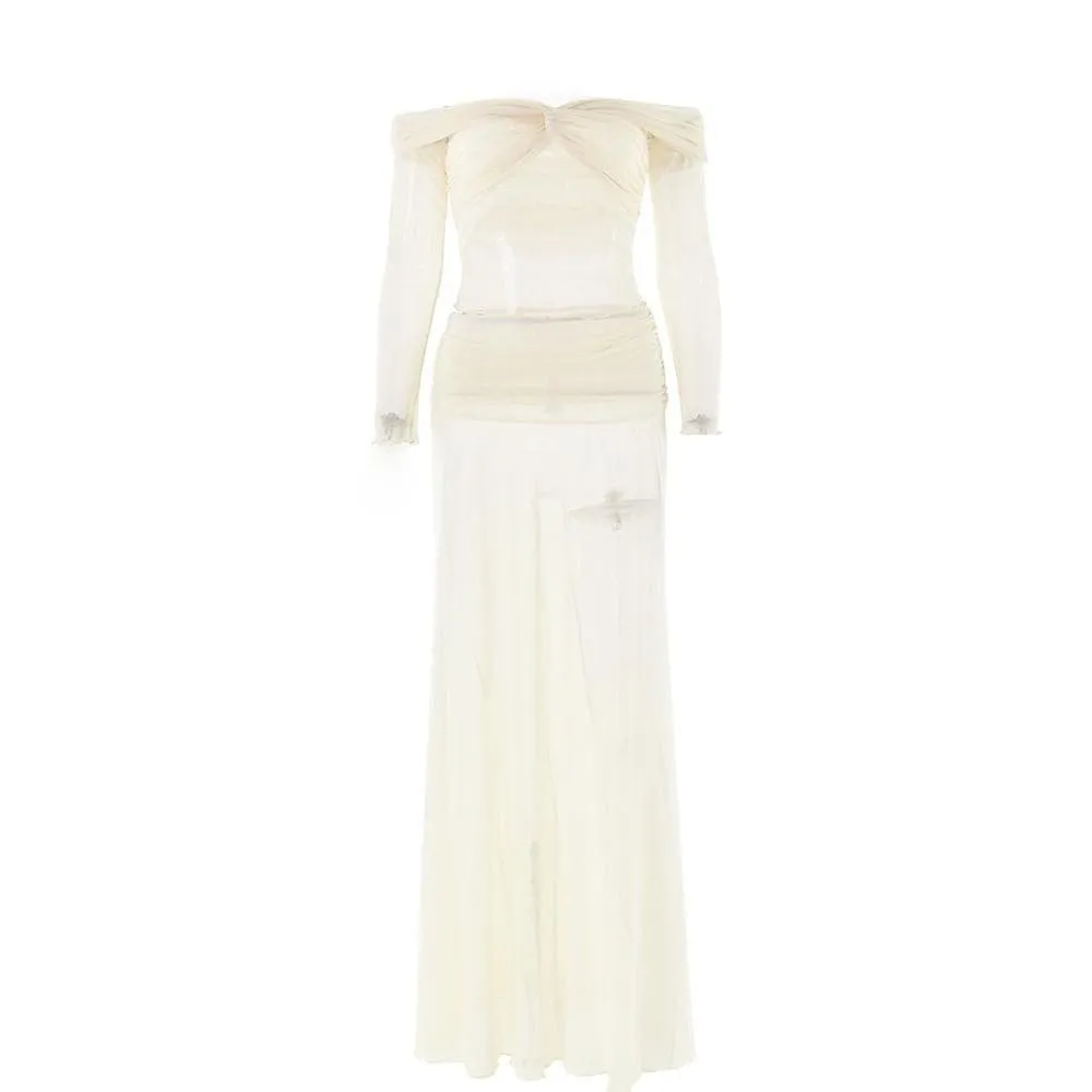 Long sleeve off shoulder sheer mesh maxi skirt set