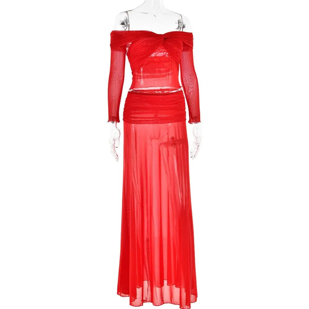 Long sleeve off shoulder sheer mesh maxi skirt set