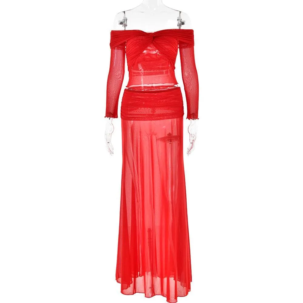 Long sleeve off shoulder sheer mesh maxi skirt set