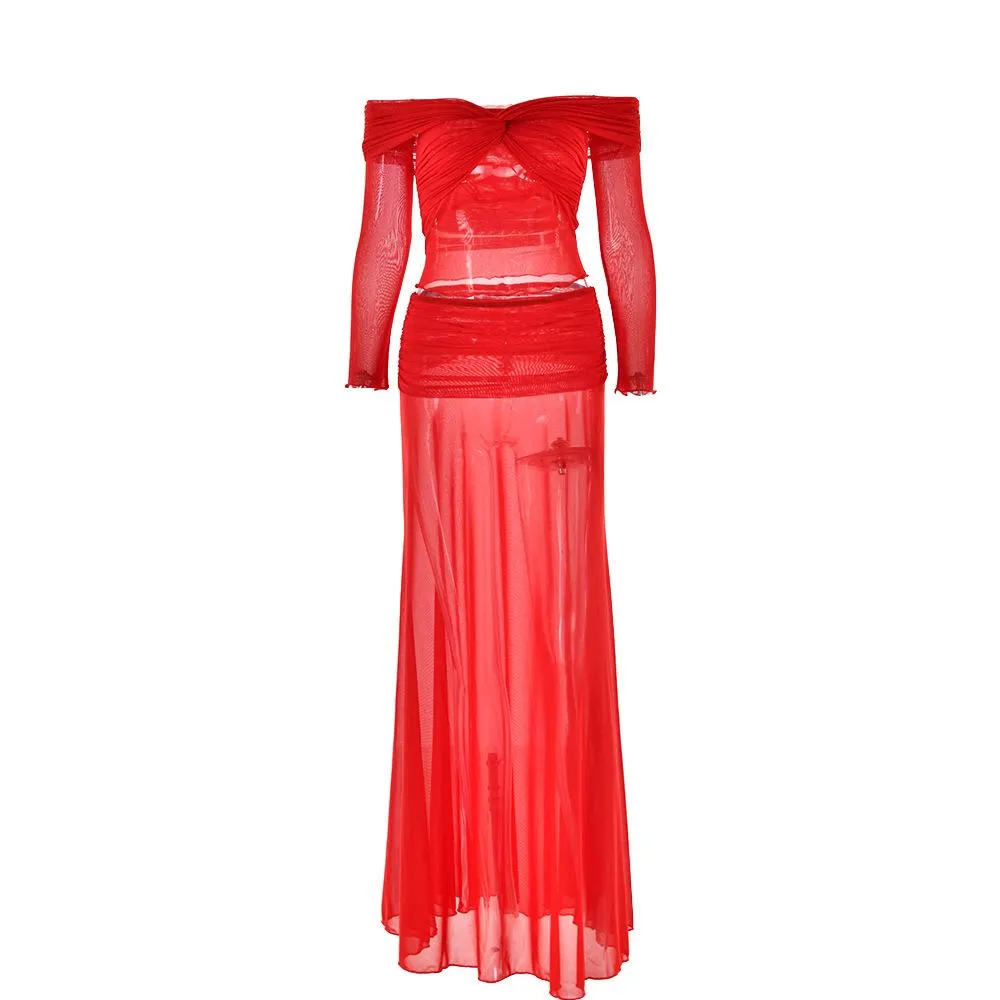 Long sleeve off shoulder sheer mesh maxi skirt set