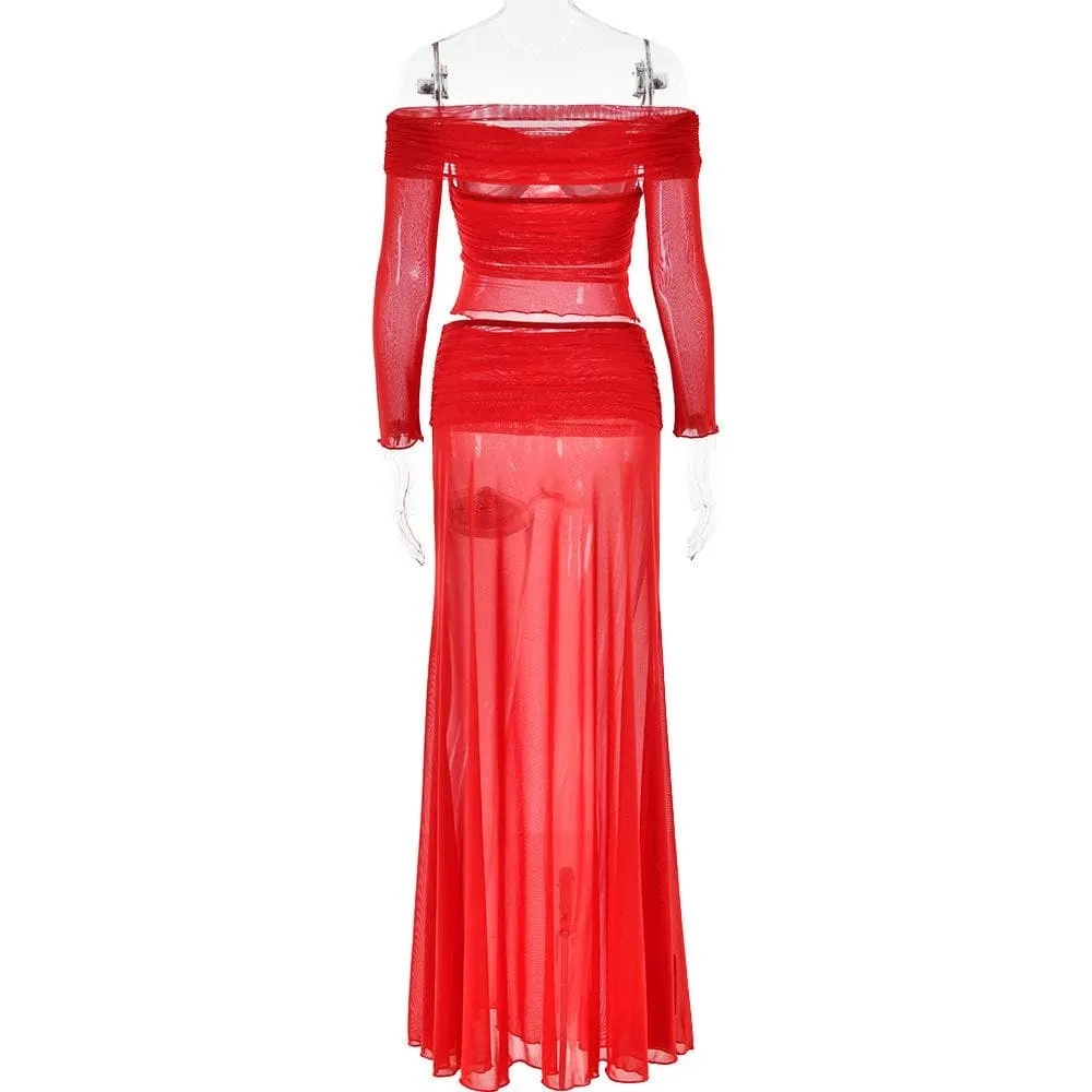 Long sleeve off shoulder sheer mesh maxi skirt set