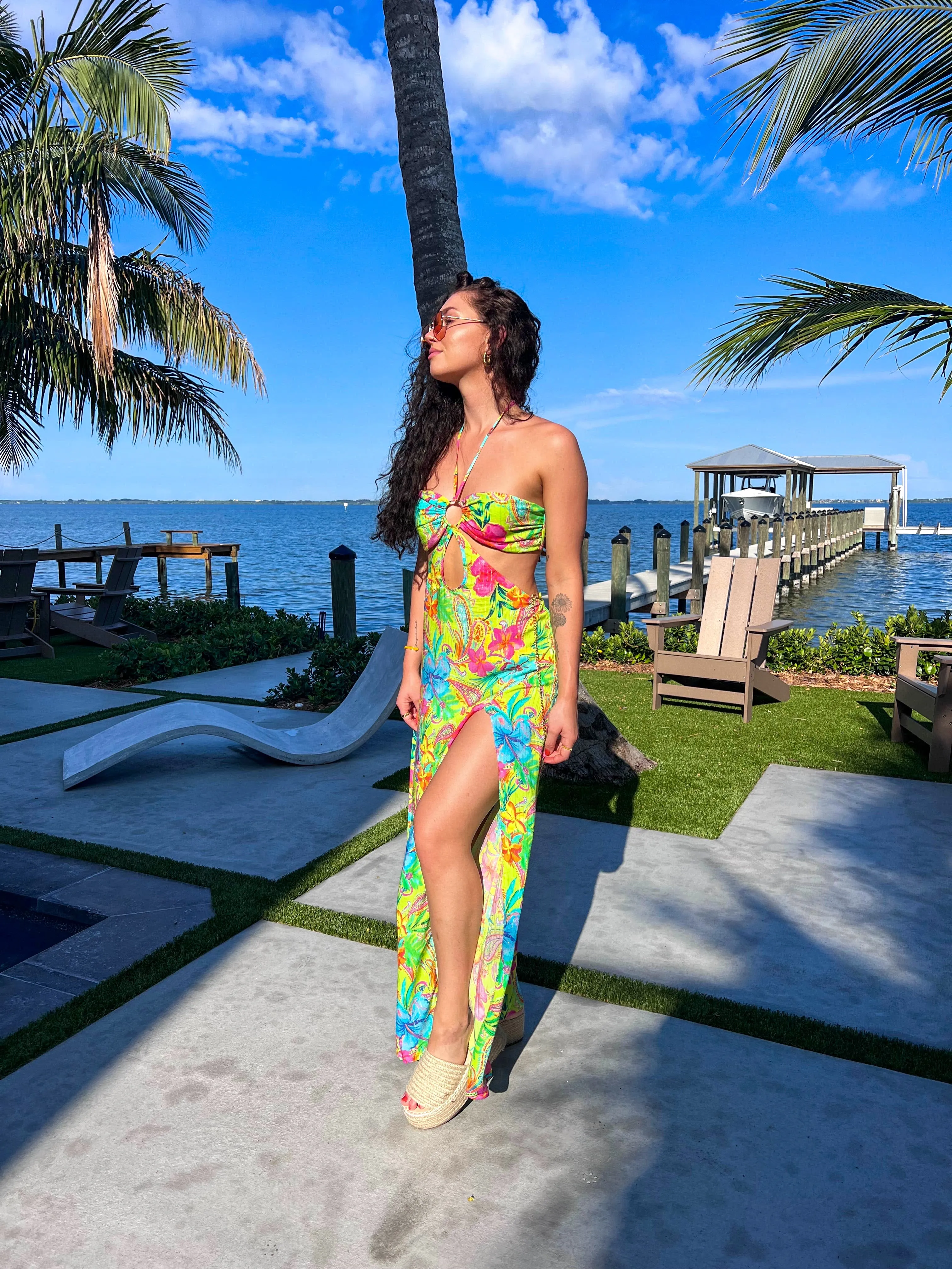 Luli Fama Hibiscus Dream Bandeau Ring Cut Out Dress - Multi