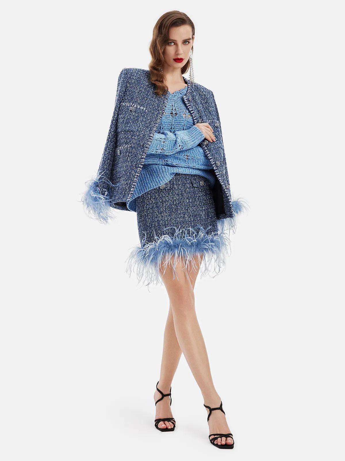 Luxe Detachable Feathers Wool-Blend  Skirt
