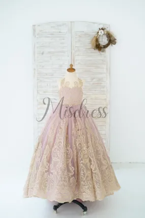 Mauve Tulle Gold Lace Sheer Back Wedding Flower Girl Dress Kids Pageant Gown
