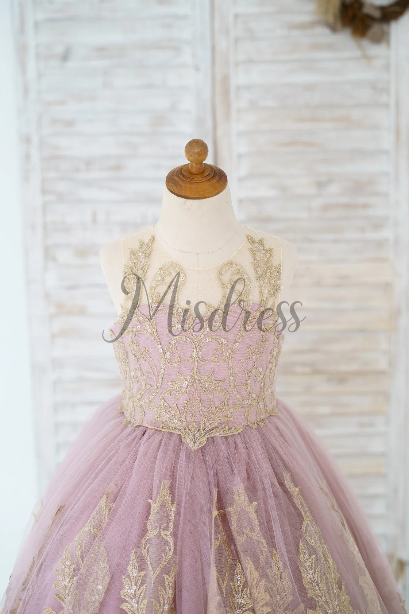 Mauve Tulle Gold Lace Sheer Back Wedding Flower Girl Dress Kids Pageant Gown