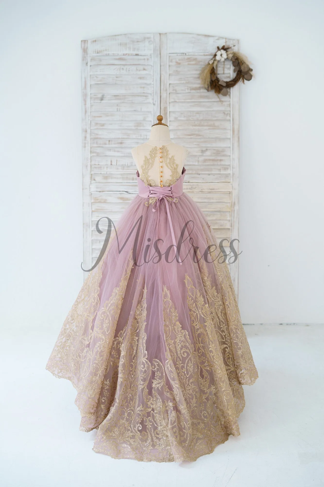 Mauve Tulle Gold Lace Sheer Back Wedding Flower Girl Dress Kids Pageant Gown