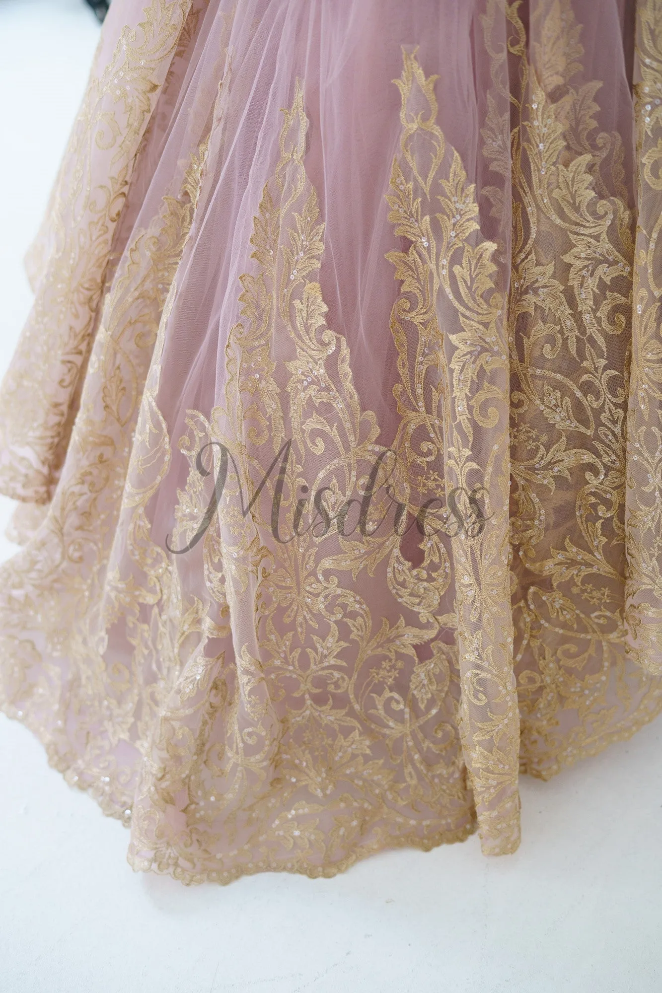 Mauve Tulle Gold Lace Sheer Back Wedding Flower Girl Dress Kids Pageant Gown