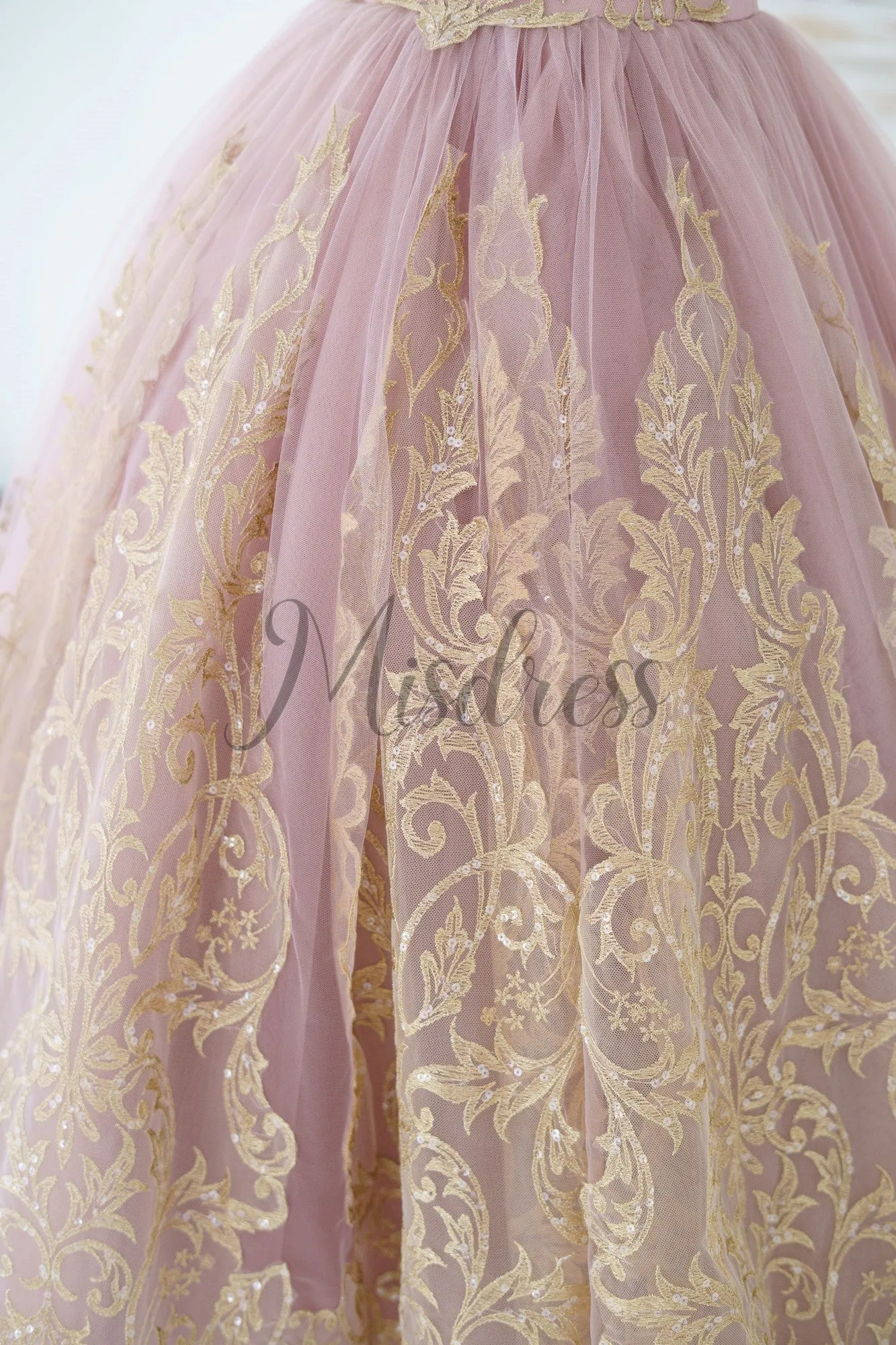 Mauve Tulle Gold Lace Sheer Back Wedding Flower Girl Dress Kids Pageant Gown