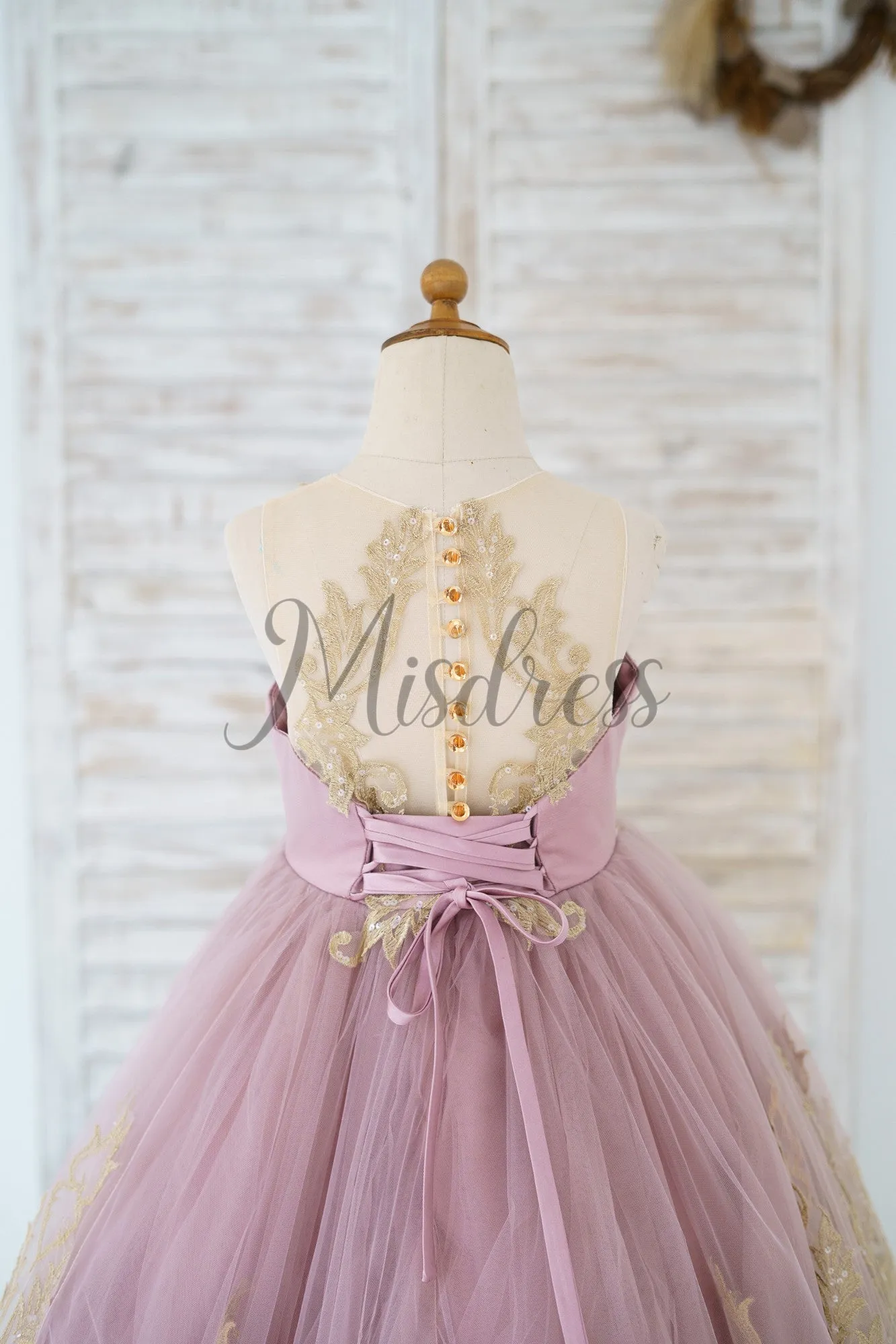 Mauve Tulle Gold Lace Sheer Back Wedding Flower Girl Dress Kids Pageant Gown