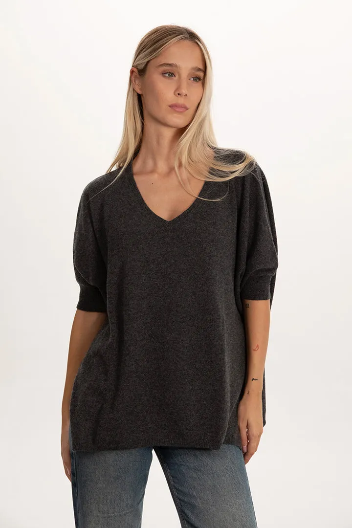Maxi maglia scollo v manica corta 100% cashmere