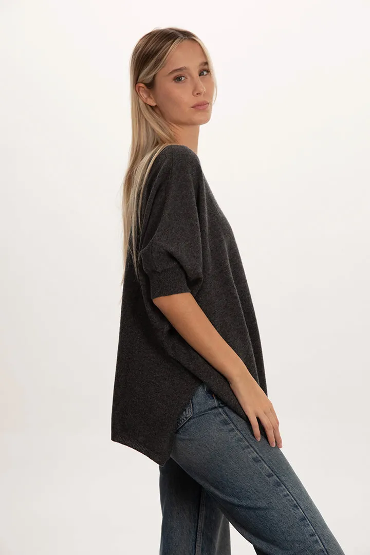 Maxi maglia scollo v manica corta 100% cashmere