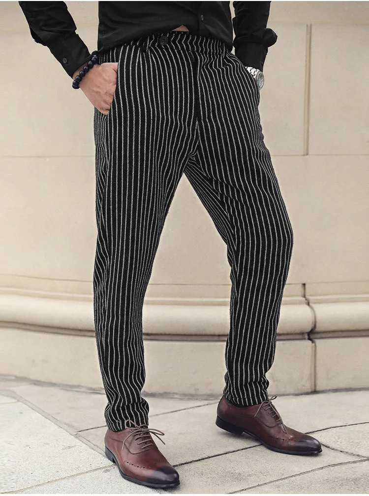 Men's Autumn/Winter Woolen Vertical Striped Straight Suit Pants