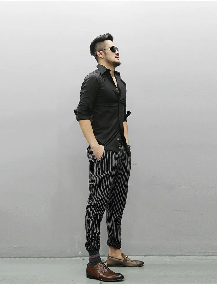 Men's Autumn/Winter Woolen Vertical Striped Straight Suit Pants