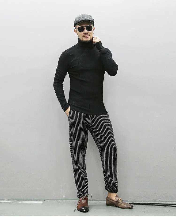 Men's Autumn/Winter Woolen Vertical Striped Straight Suit Pants