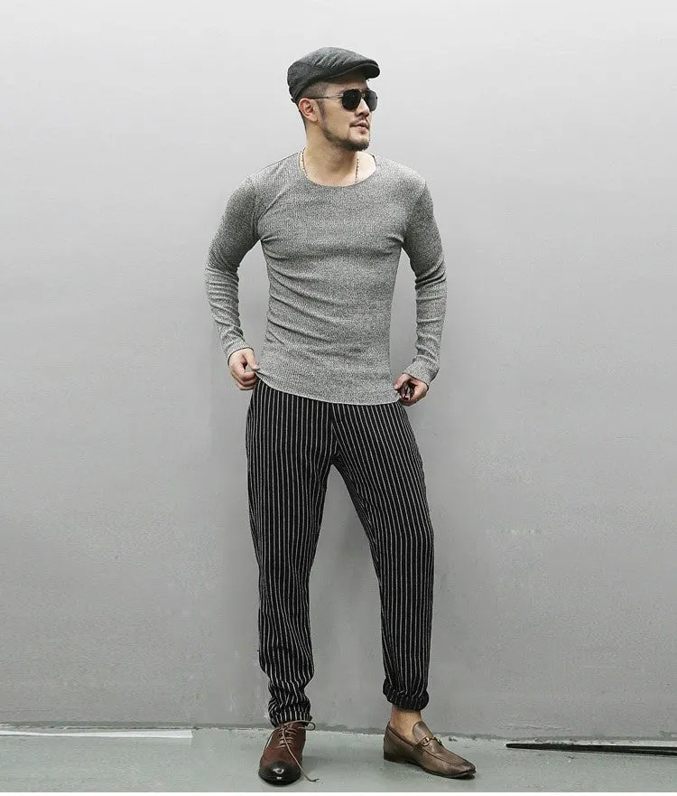Men's Autumn/Winter Woolen Vertical Striped Straight Suit Pants