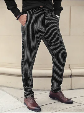 Men's Autumn/Winter Woolen Vertical Striped Straight Suit Pants