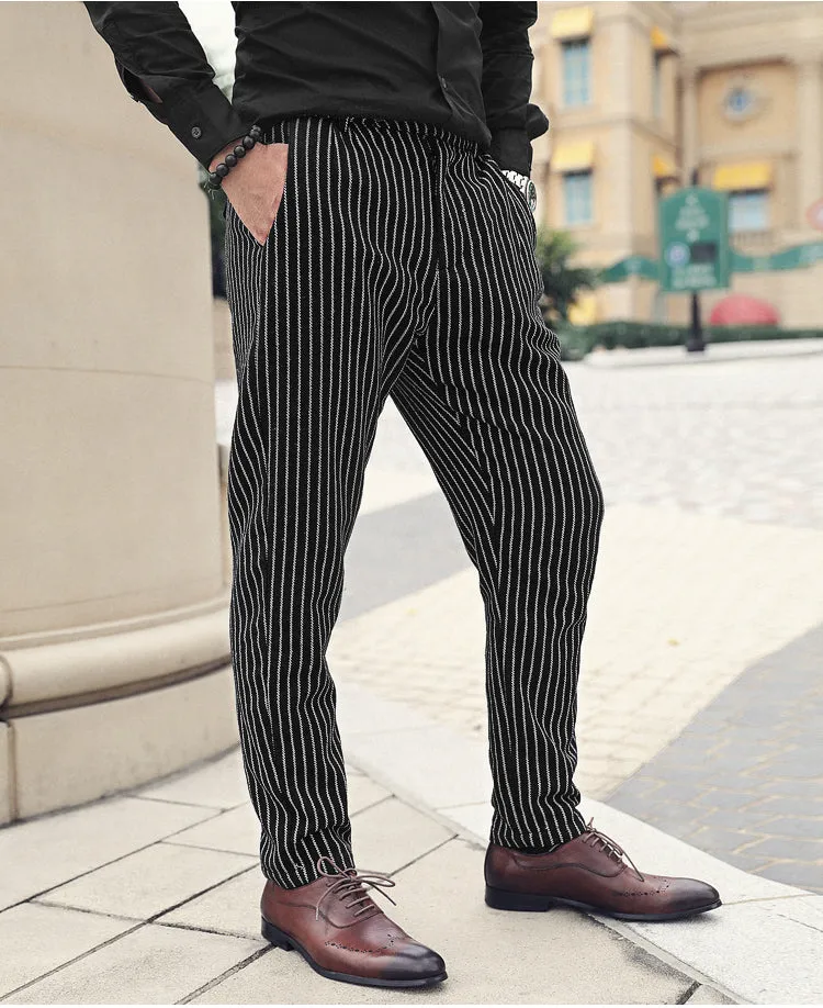 Men's Autumn/Winter Woolen Vertical Striped Straight Suit Pants