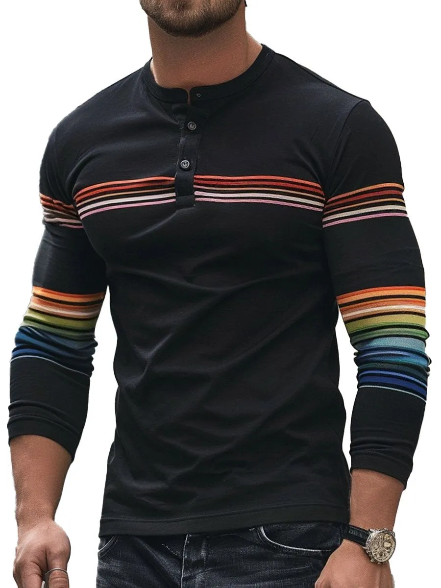 Men's Henley Collar Button-Down Colorful Striped Long Sleeve T-Shirt