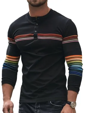 Men's Henley Collar Button-Down Colorful Striped Long Sleeve T-Shirt
