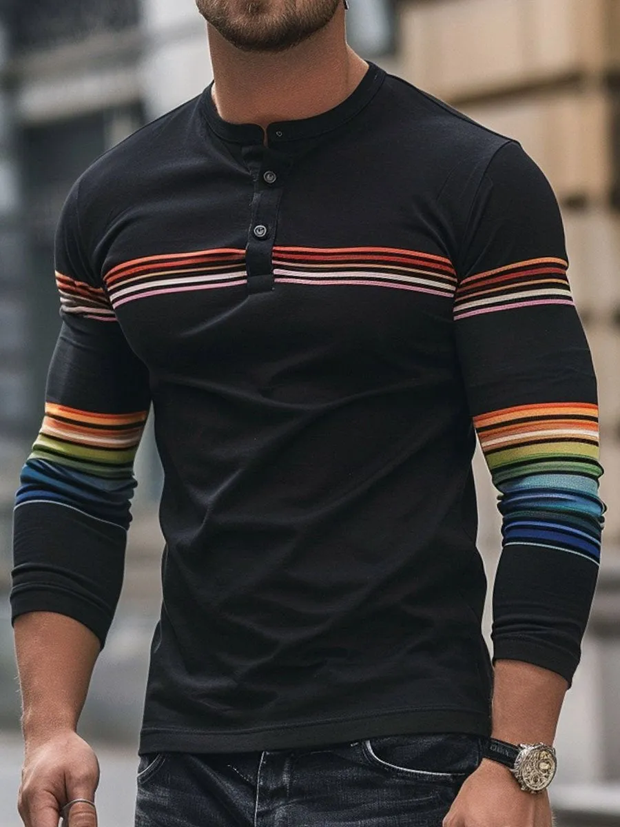 Men's Henley Collar Button-Down Colorful Striped Long Sleeve T-Shirt