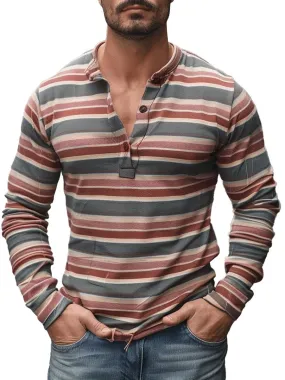 Men's Henley Collar Button Vintage Stripe Print Casual Long Sleeve T-Shirt