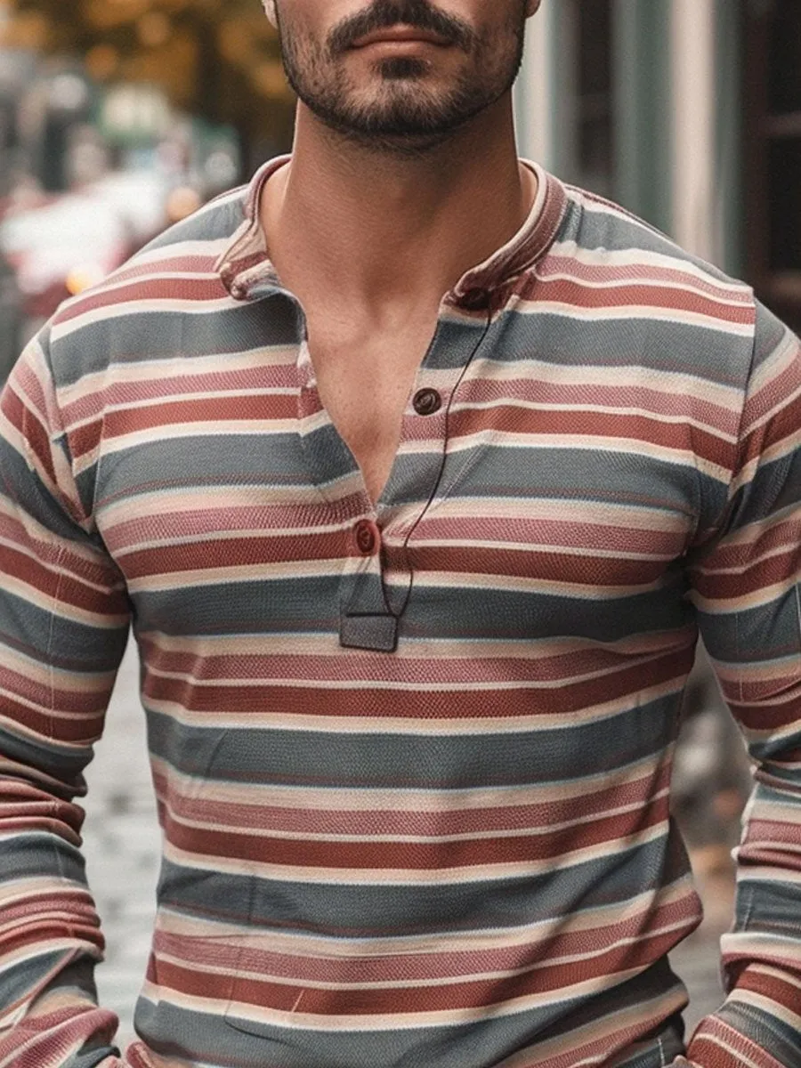 Men's Henley Collar Button Vintage Stripe Print Casual Long Sleeve T-Shirt