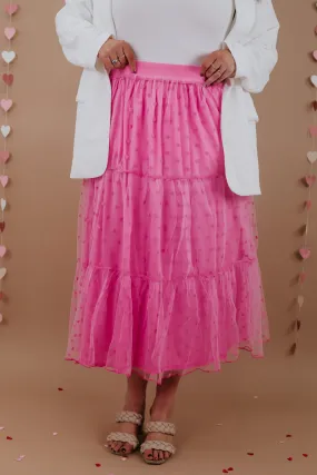 Mesh Dot Tiered Maxi Skirt, Fuchsia