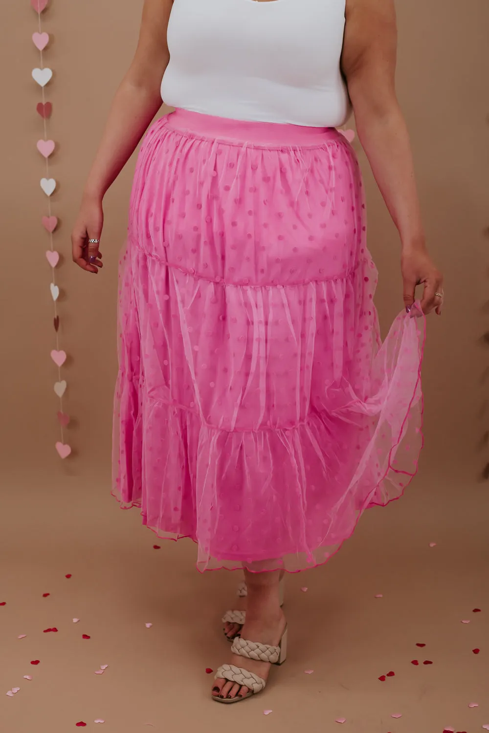Mesh Dot Tiered Maxi Skirt, Fuchsia