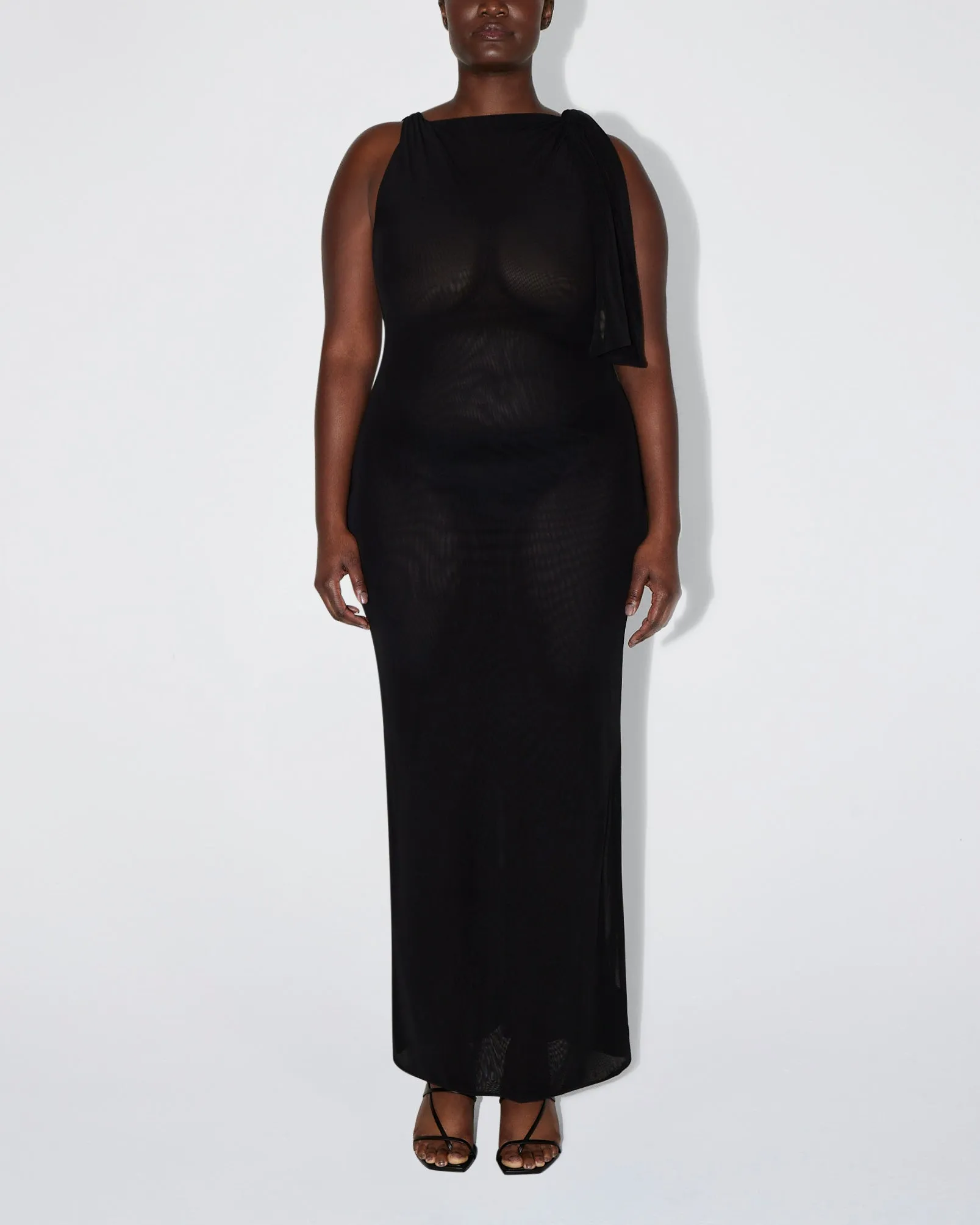 Mesh Stretch Knotted Maxi Dress | Black