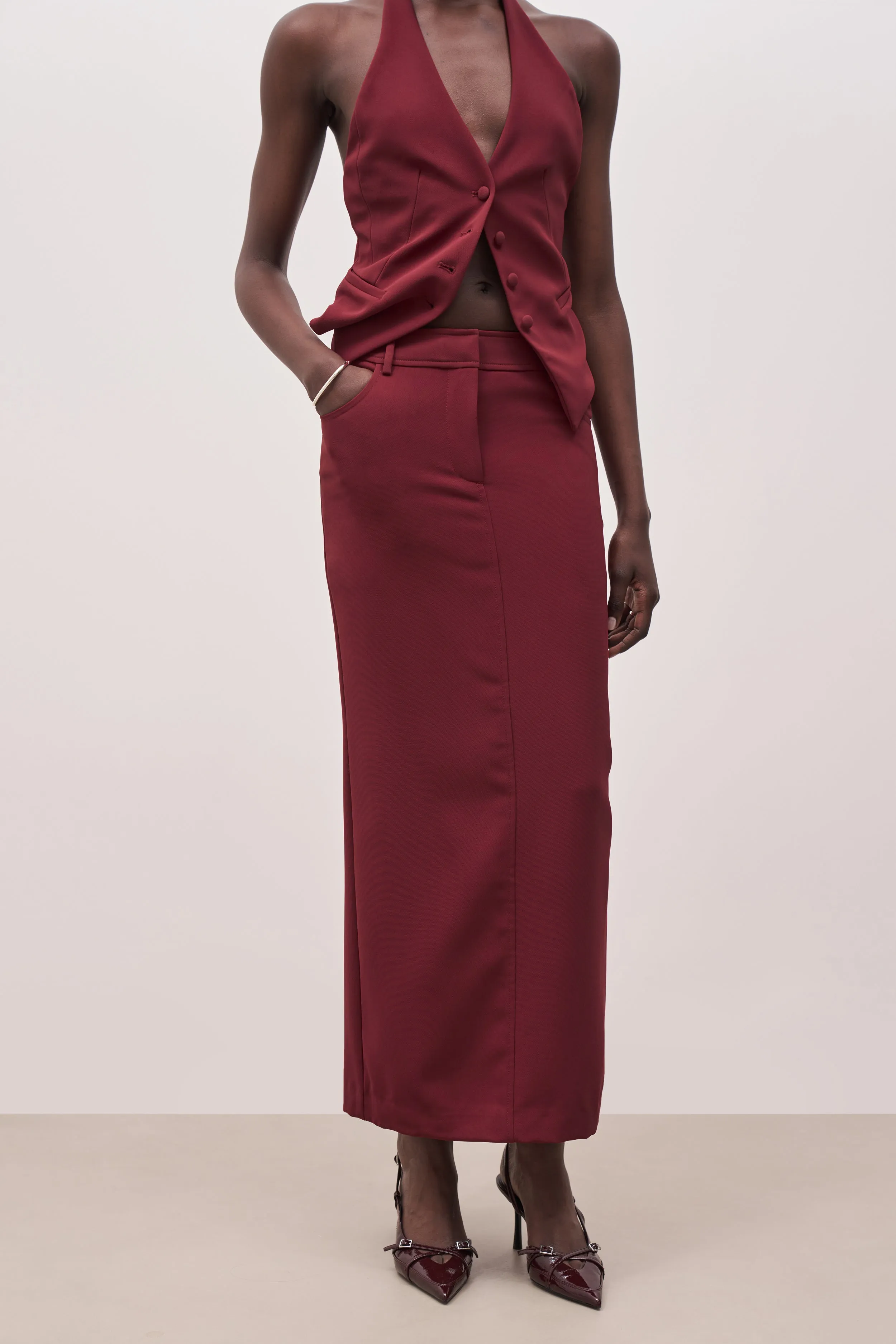 Mid Rise Effortless Maxi Skirt - Burgundy