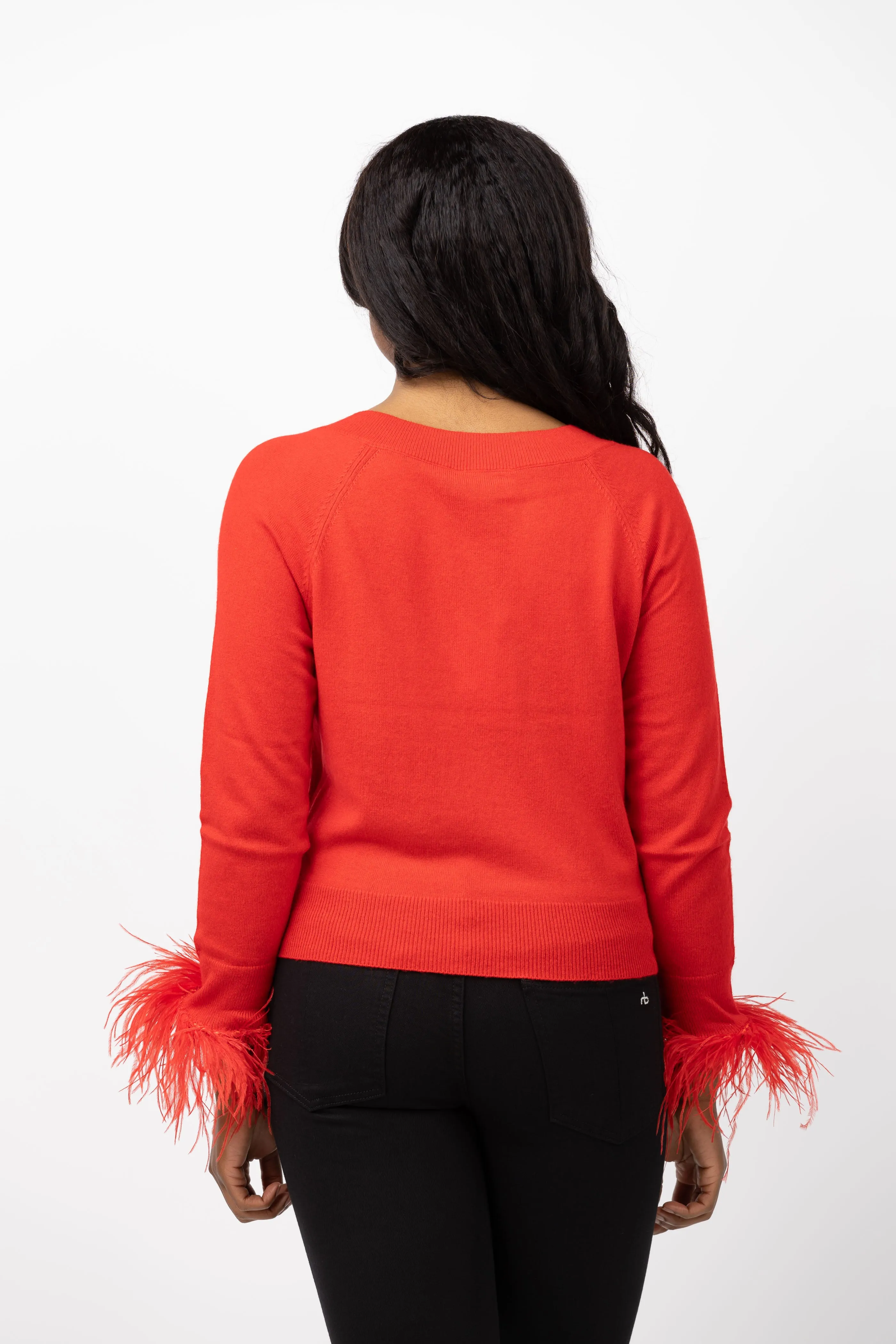 Milly Feather Cuff V-Neck Sweater in Red