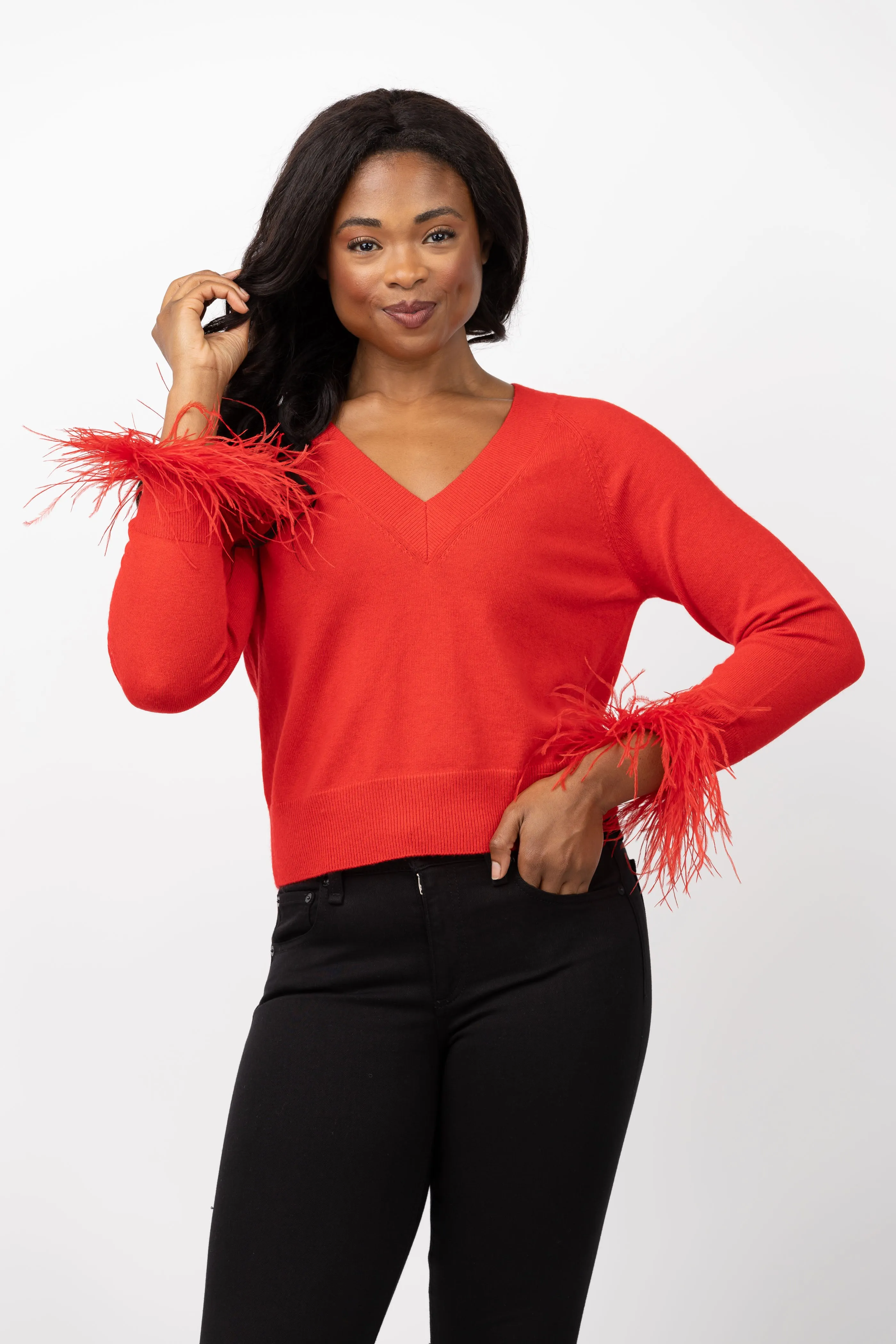 Milly Feather Cuff V-Neck Sweater in Red