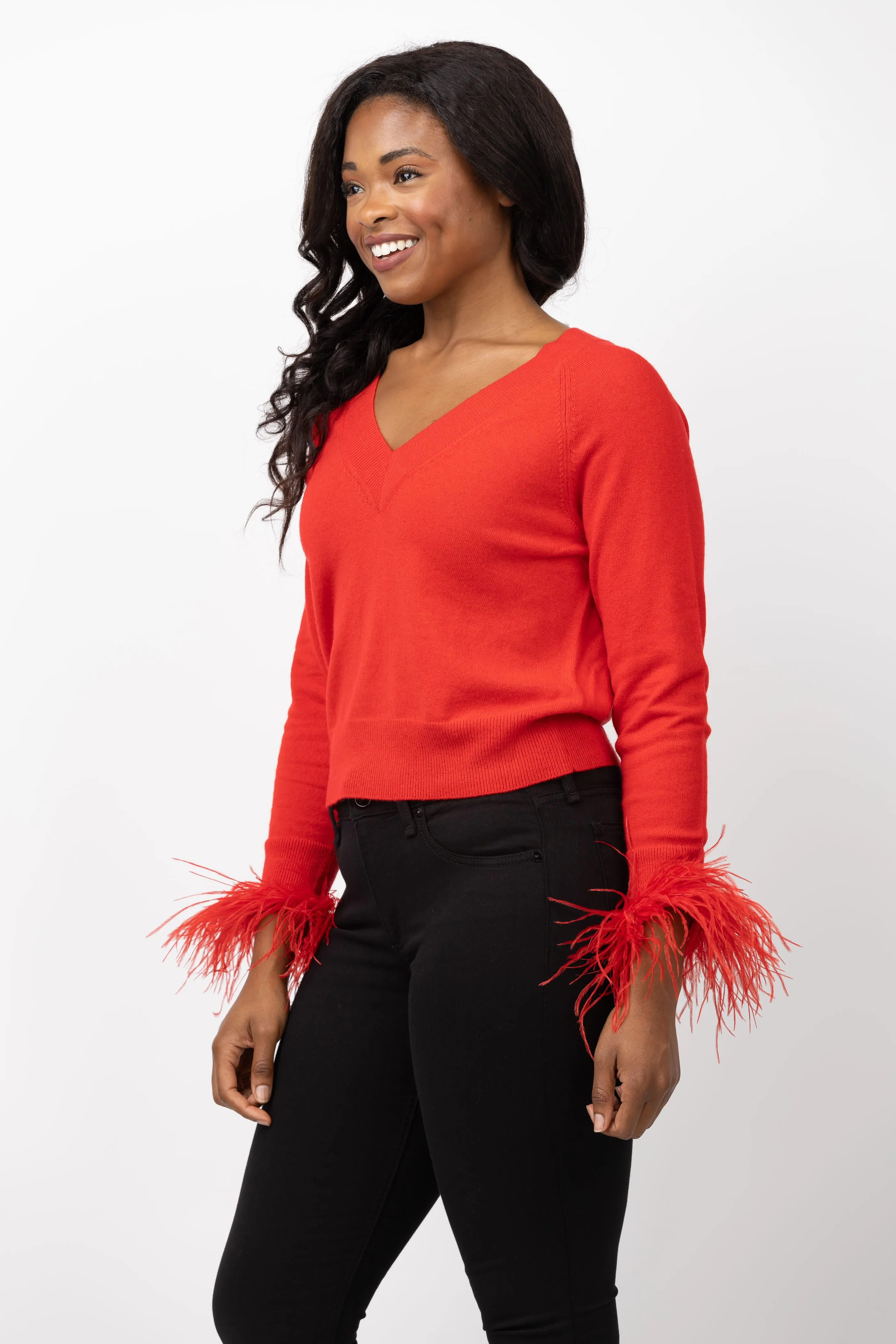 Milly Feather Cuff V-Neck Sweater in Red