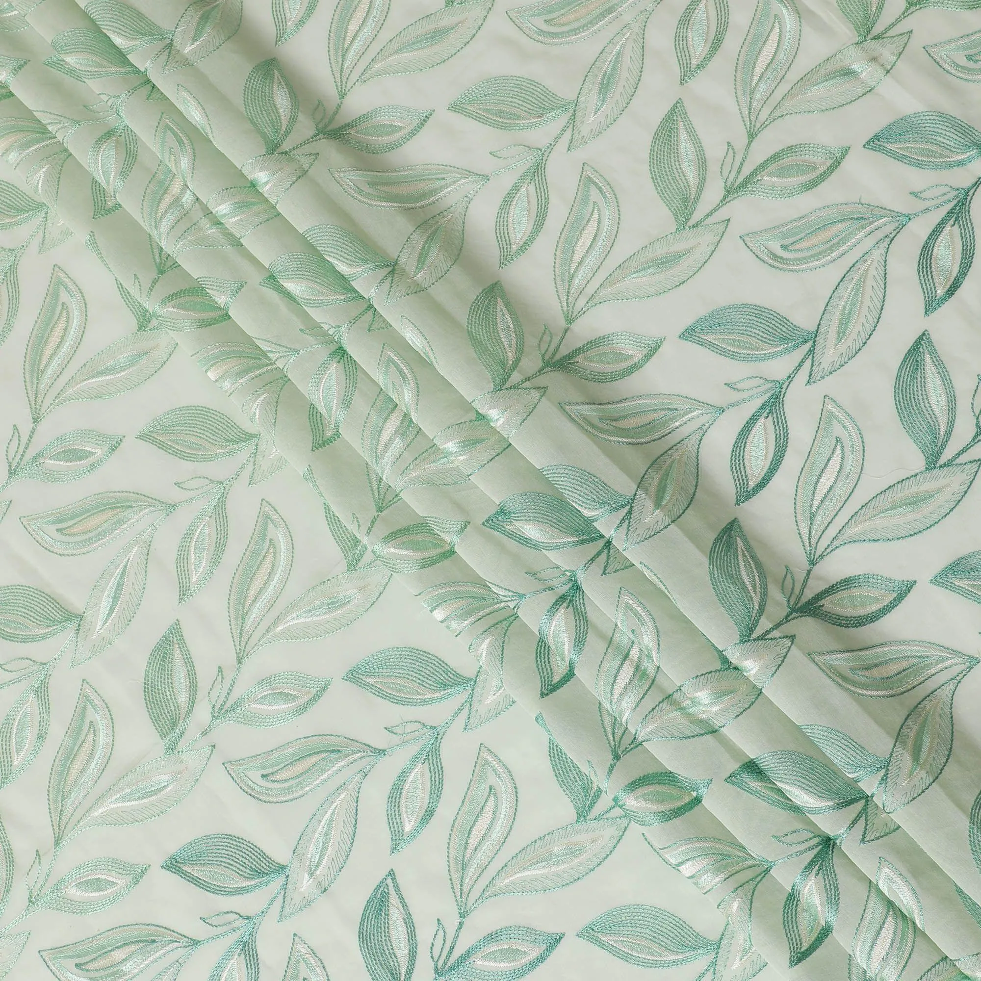 Mint green Premium pure cotton voile fabric sage green and beige embrodiery in Leaf design-D15238
