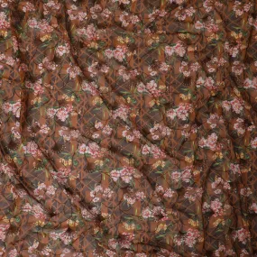 Mocha brown Premium pure cotton voile fabric with multicolor print having embroidery and sequins in floral design-D13246