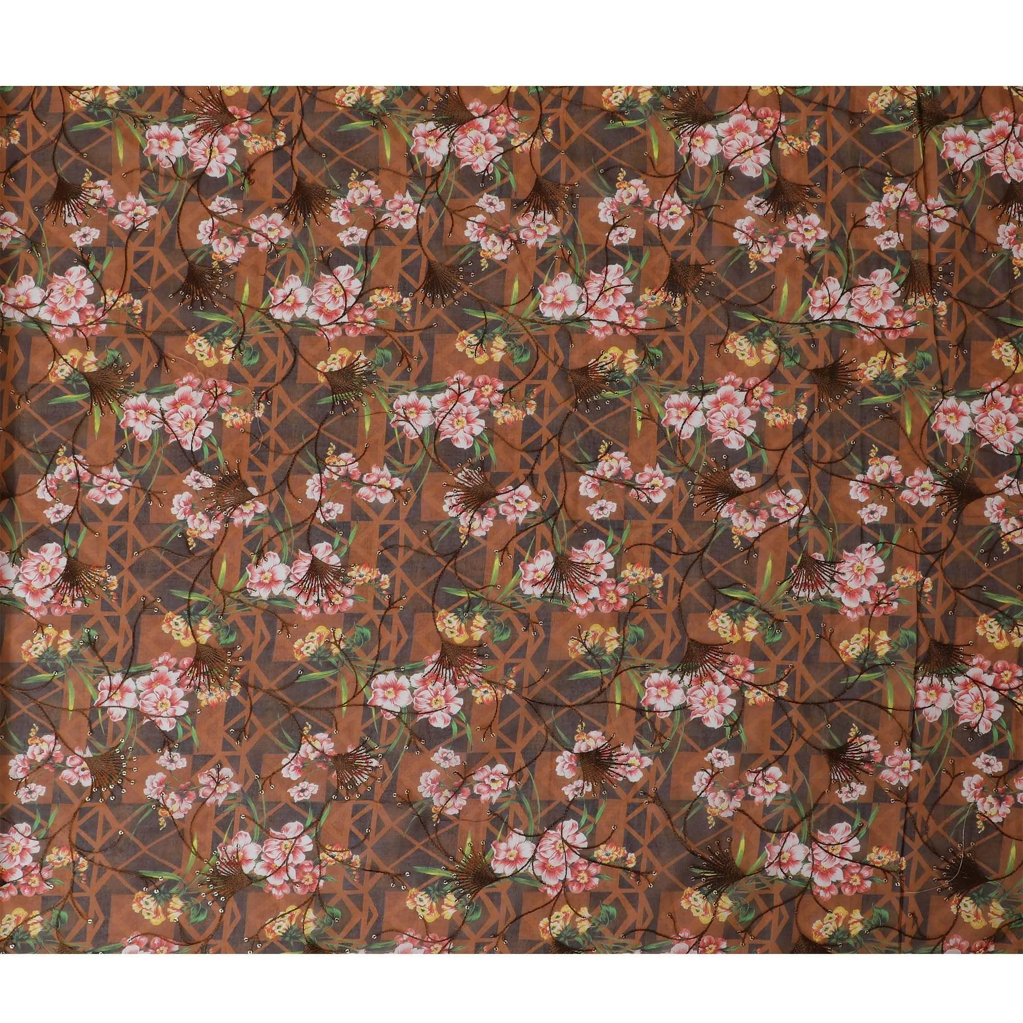 Mocha brown Premium pure cotton voile fabric with multicolor print having embroidery and sequins in floral design-D13246