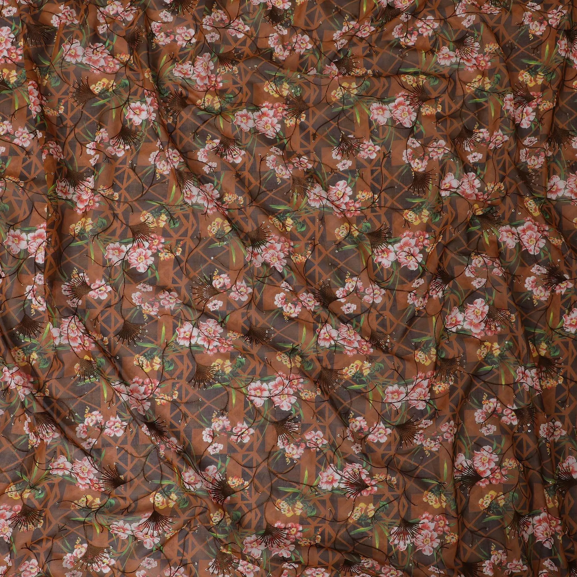 Mocha brown Premium pure cotton voile fabric with multicolor print having embroidery and sequins in floral design-D13246