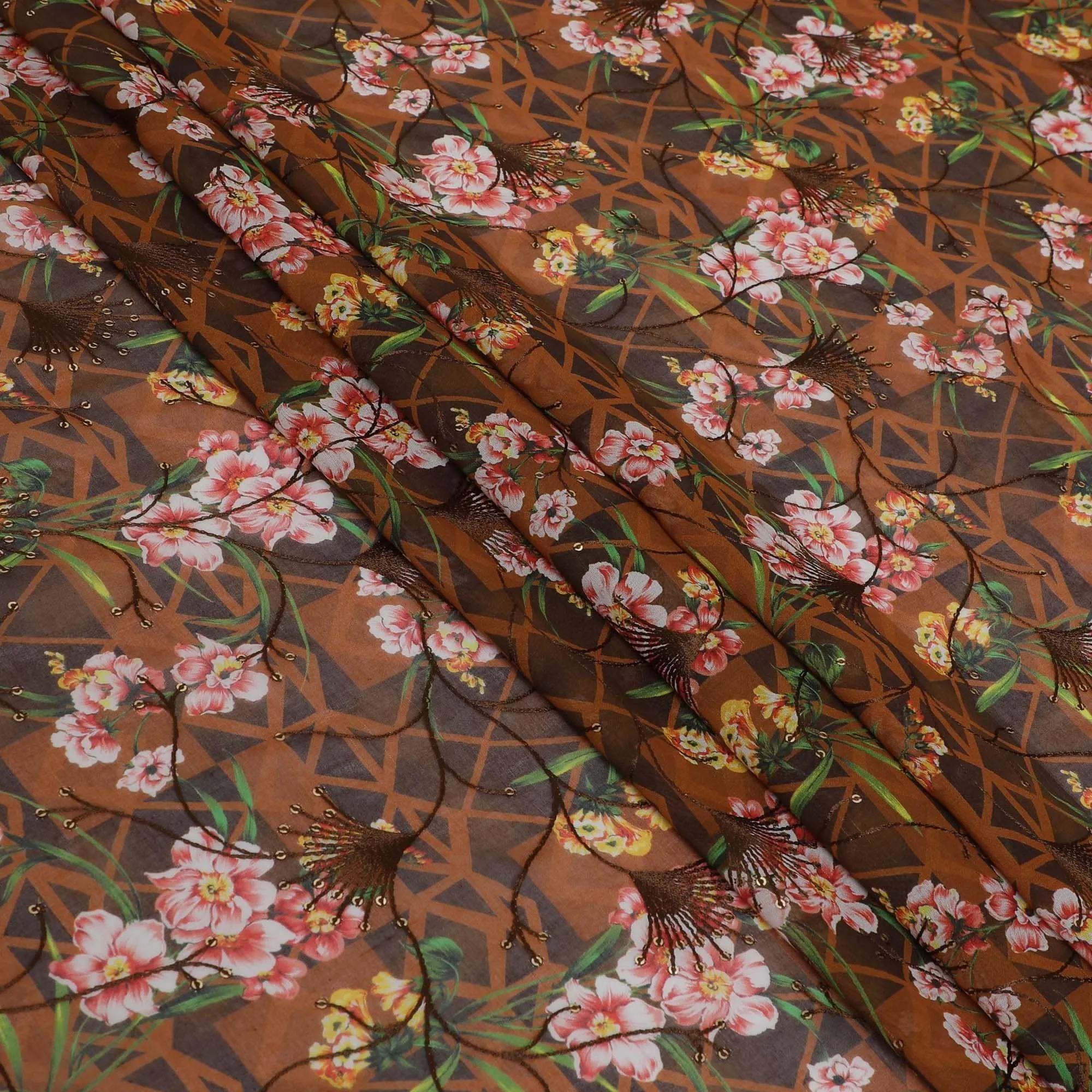 Mocha brown Premium pure cotton voile fabric with multicolor print having embroidery and sequins in floral design-D13246