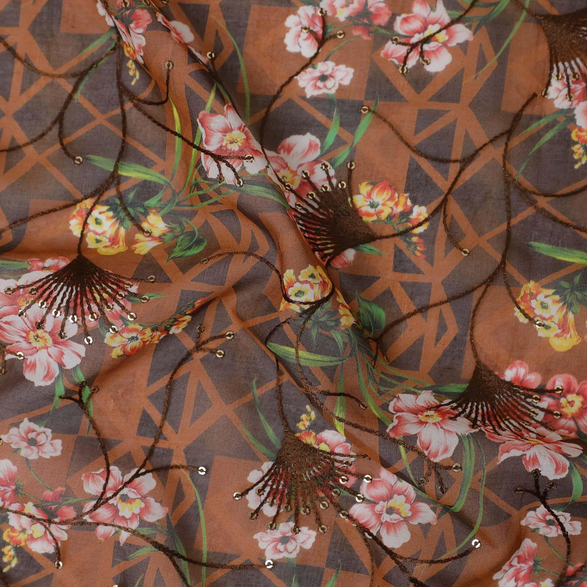 Mocha brown Premium pure cotton voile fabric with multicolor print having embroidery and sequins in floral design-D13246