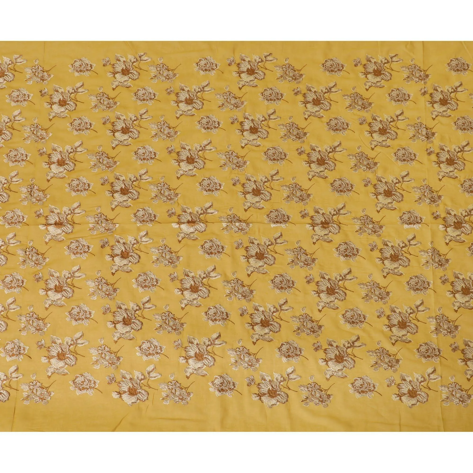 Mustard yellow cotton voile fabric with beige and brown embroidery in floral design-D14474